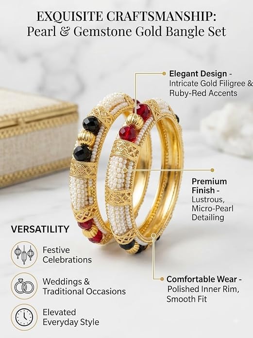 Gold Plated Pearl Beaded Bangles for Women, Indian Designer Bangles with Red and Black Stone Work, Ethnic Bridal Jewelry Set for Wedding and Festive Occasions
