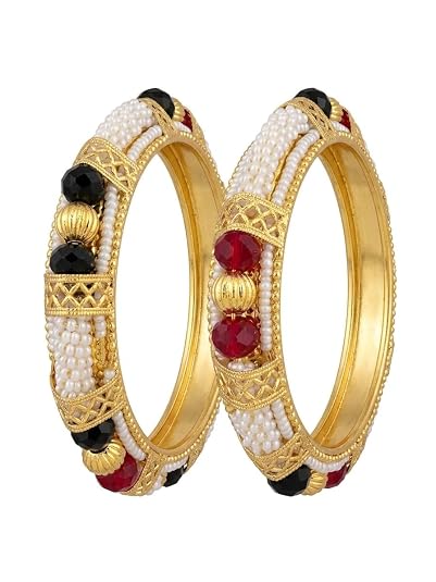 Gold Plated Pearl Beaded Bangles for Women, Indian Designer Bangles with Red and Black Stone Work, Ethnic Bridal Jewelry Set for Wedding and Festive Occasions