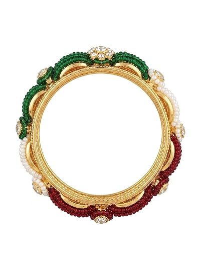 Traditional Gold-Plated Beaded Bangle with Green, Maroon & White Beads, Kundan-Style Stone Detailing, Elegant Indian Ethnic Jewellery for Women