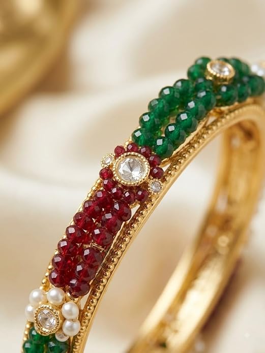 Traditional Gold-Plated Beaded Bangle with Green, Maroon & White Beads, Kundan-Style Stone Detailing, Elegant Indian Ethnic Jewellery for Women